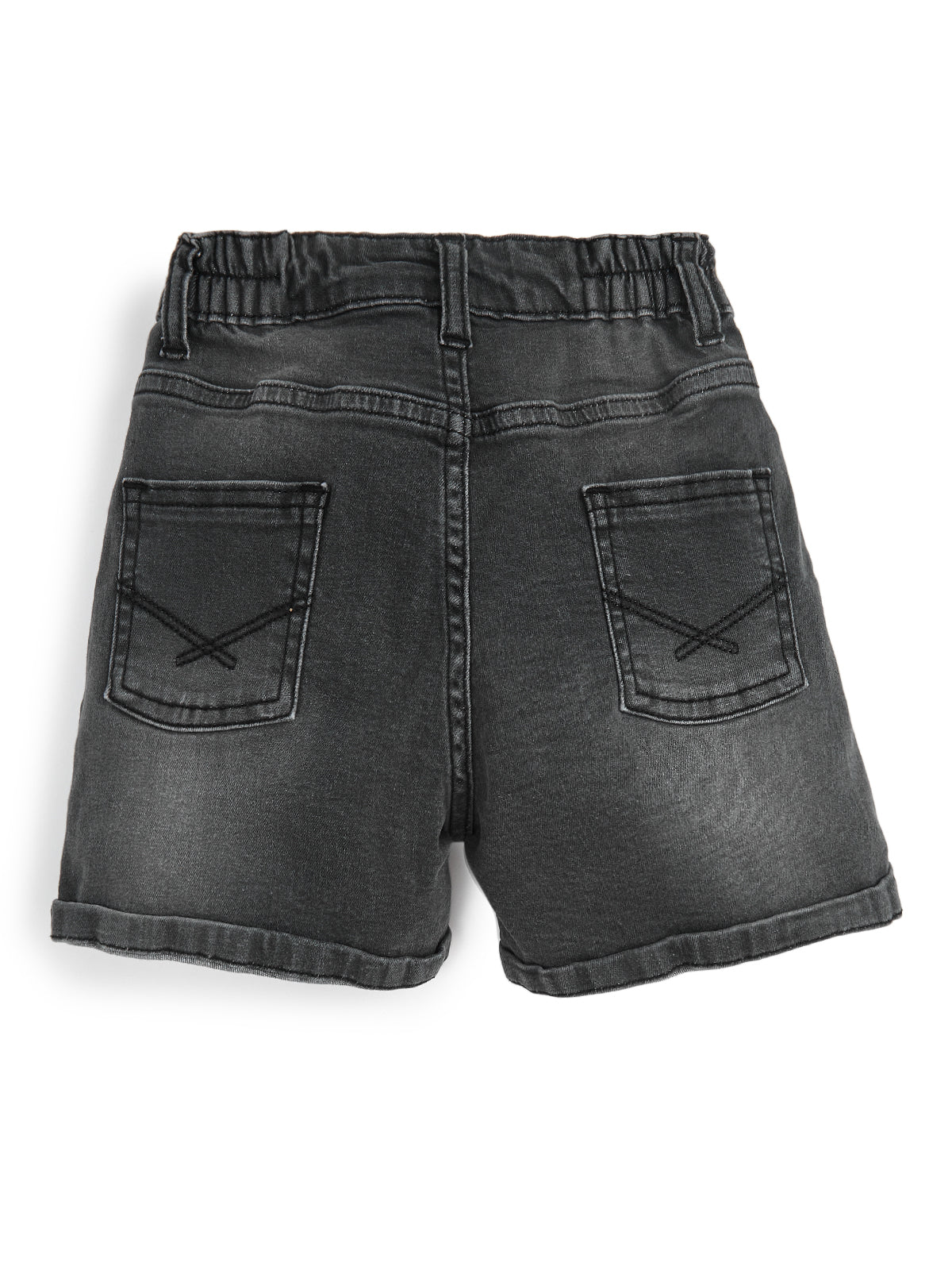 Knit N Knot Girls Black Faded Embroidered Denim Shorts with Tie-Up Belt & Elastic Waist