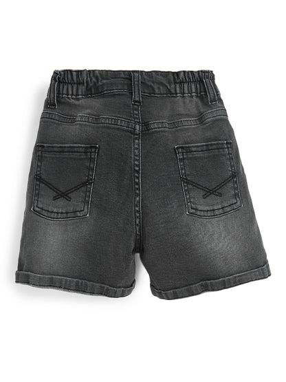 Knit N Knot Girls Black Faded Embroidered Denim Shorts with Tie-Up Belt & Elastic Waist
