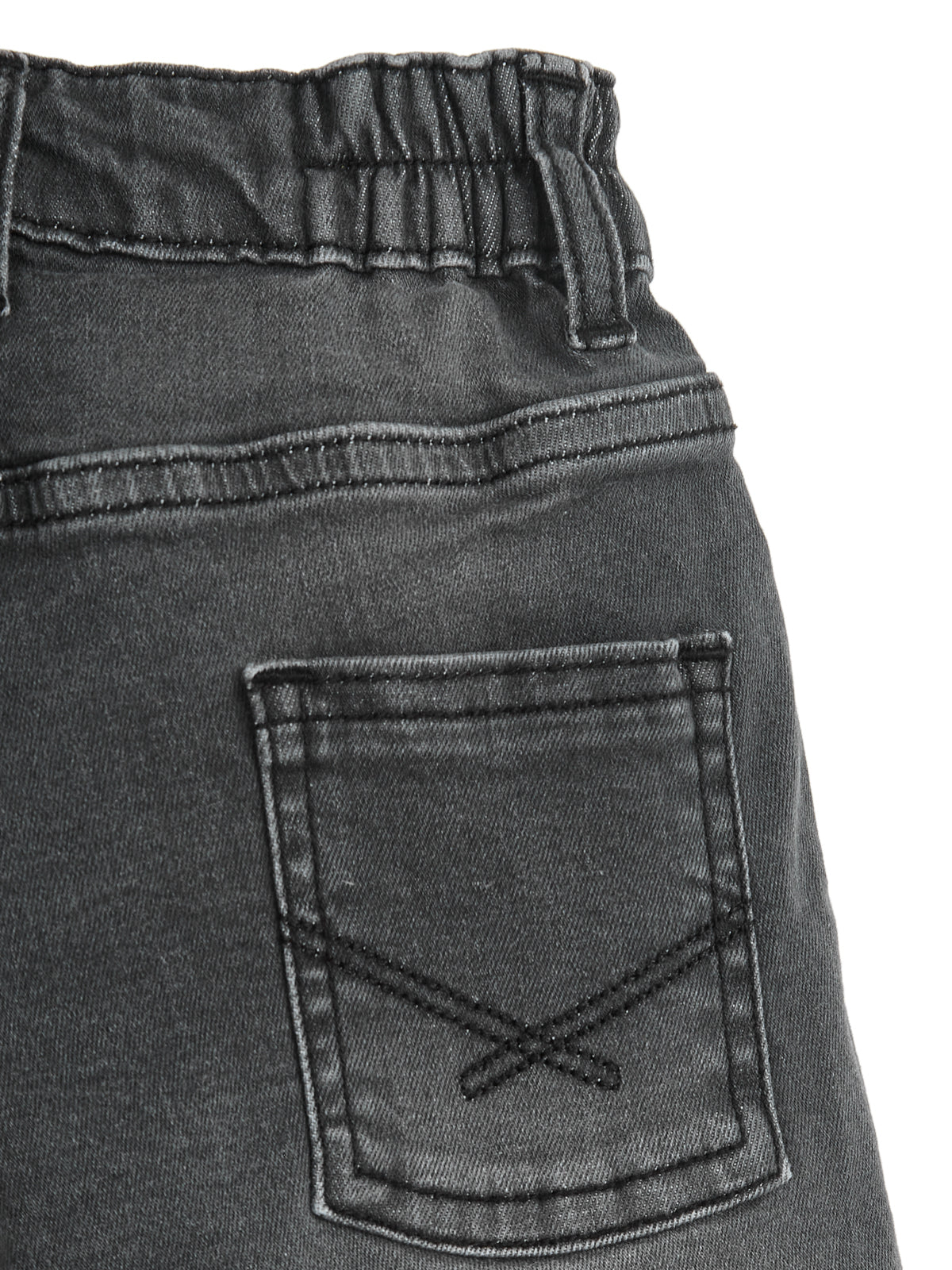 Knit N Knot Girls Black Faded Embroidered Denim Shorts with Tie-Up Belt & Elastic Waist