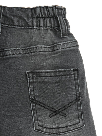 Knit N Knot Girls Black Faded Embroidered Denim Shorts with Tie-Up Belt & Elastic Waist