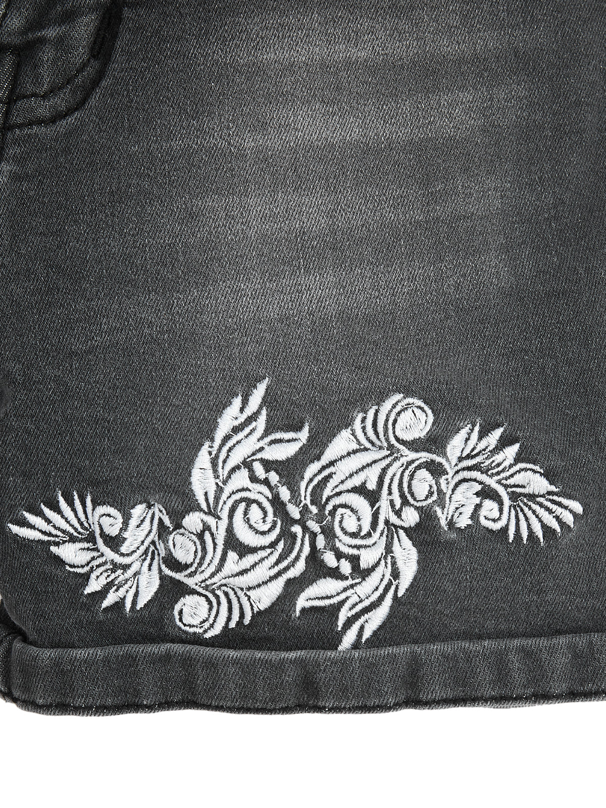 Knit N Knot Girls Black Faded Embroidered Denim Shorts with Tie-Up Belt & Elastic Waist