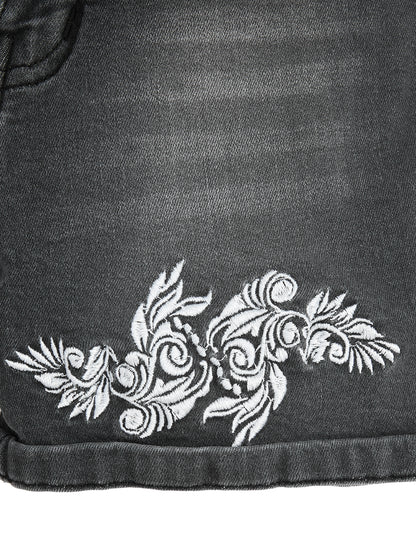 Knit N Knot Girls Black Faded Embroidered Denim Shorts with Tie-Up Belt & Elastic Waist
