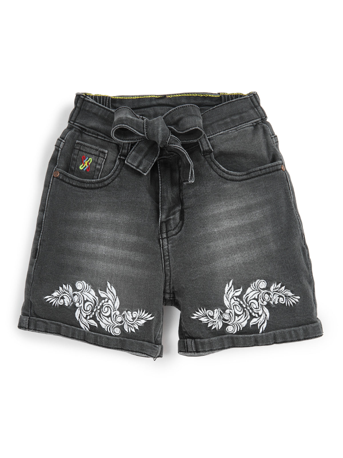 Knit N Knot Girls Black Faded Embroidered Denim Shorts with Tie-Up Belt & Elastic Waist