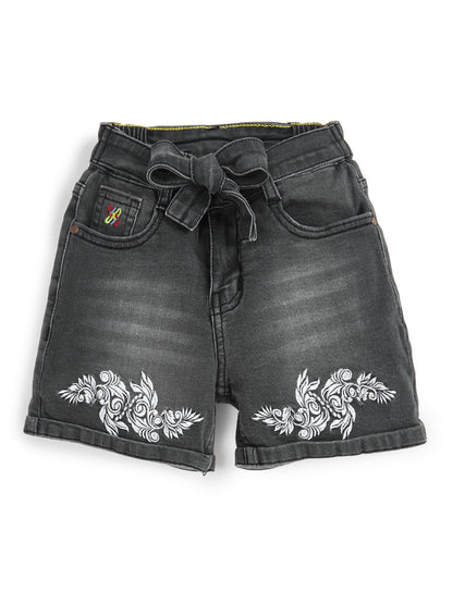 Knit N Knot Girls Black Faded Embroidered Denim Shorts with Tie-Up Belt & Elastic Waist