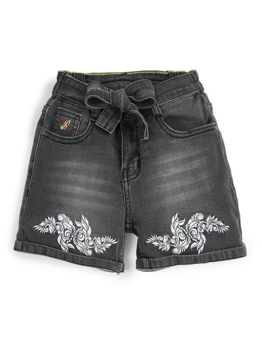 Knit N Knot Girls Black Faded Embroidered Denim Shorts with Tie-Up Belt & Elastic Waist