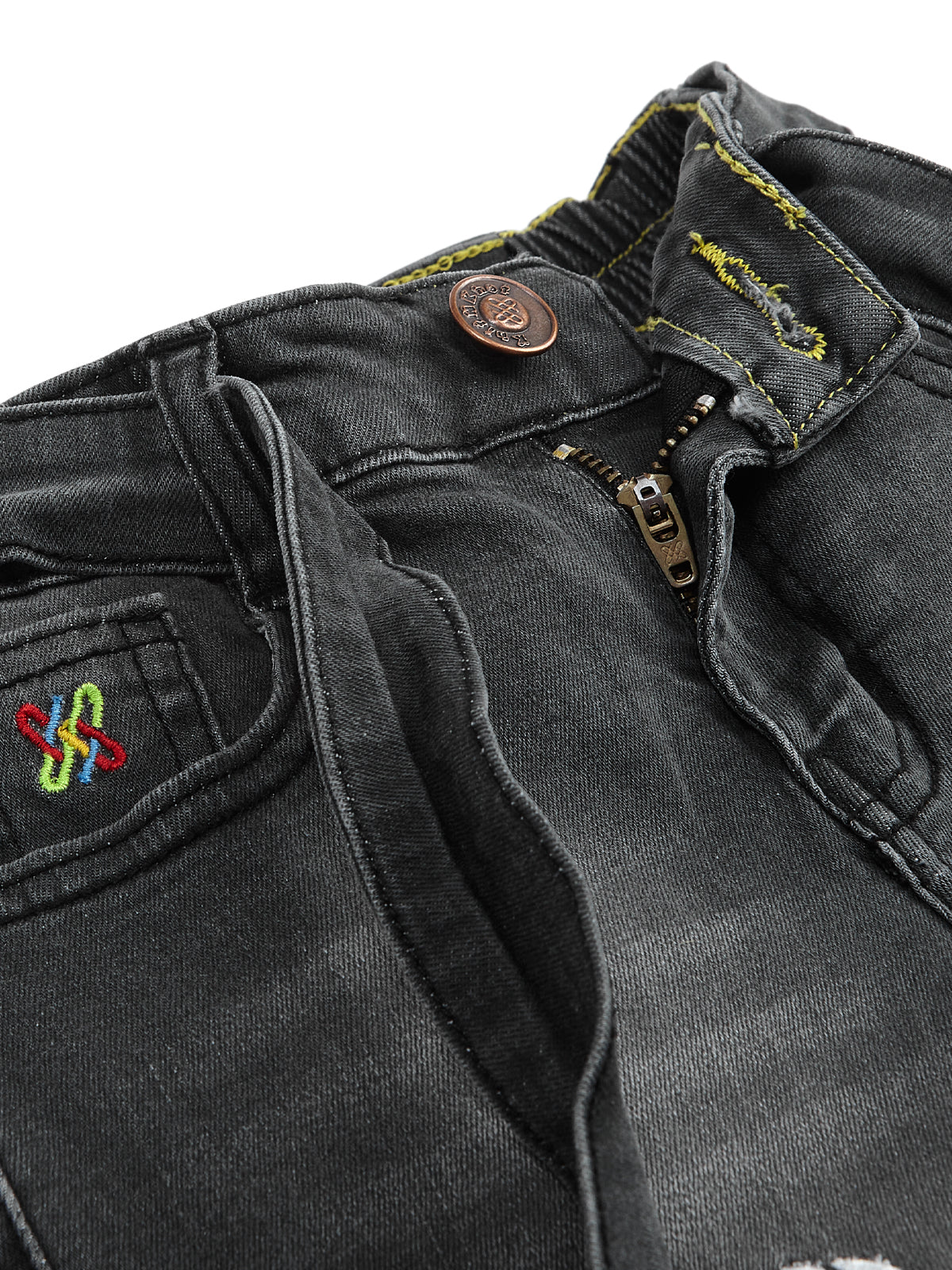 Knit N Knot Girls Black Faded Embroidered Denim Shorts with Tie-Up Belt & Elastic Waist