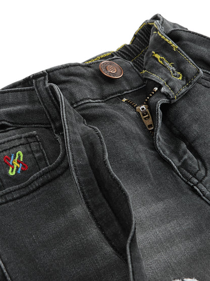Knit N Knot Girls Black Faded Embroidered Denim Shorts with Tie-Up Belt & Elastic Waist