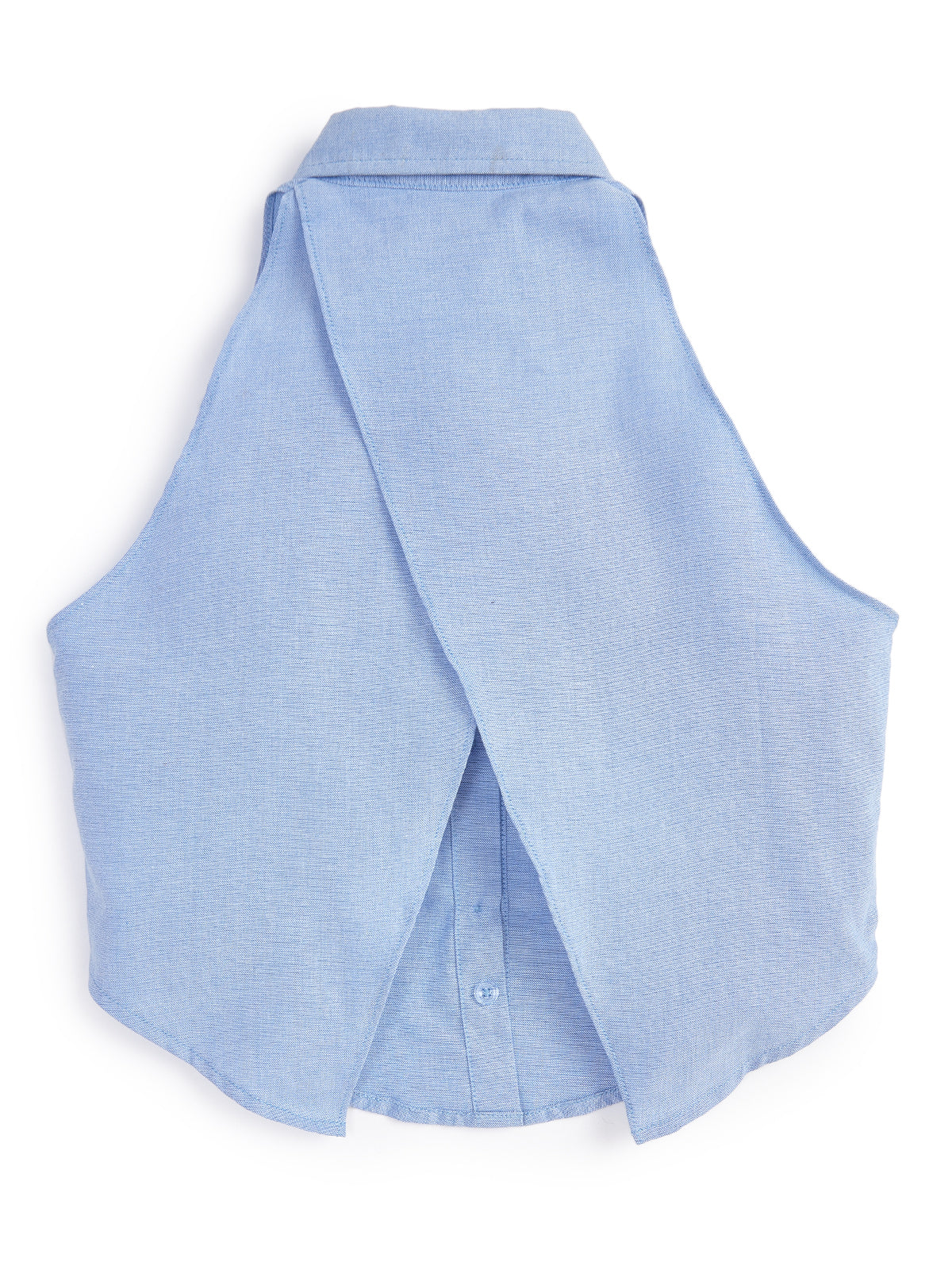 Knit N Knot Girls' Light Blue Denim Sleeveless Collared Top with Asymmetric Back