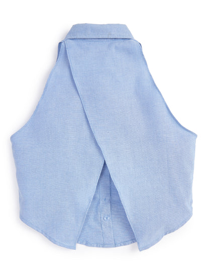 Knit N Knot Girls' Light Blue Denim Sleeveless Collared Top with Asymmetric Back