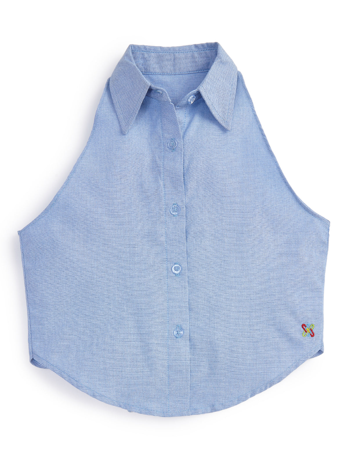 Knit N Knot Girls' Light Blue Denim Sleeveless Collared Top with Asymmetric Back