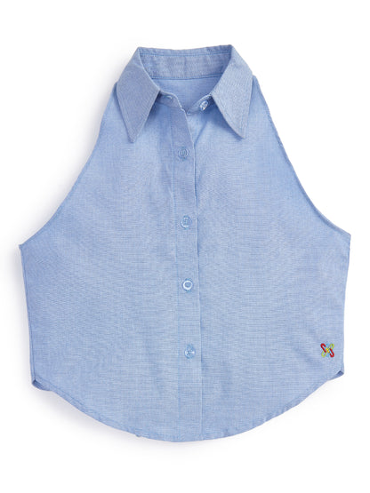 Knit N Knot Girls' Light Blue Denim Sleeveless Collared Top with Asymmetric Back
