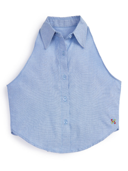 Knit N Knot Girls' Light Blue Denim Sleeveless Collared Top with Asymmetric Back