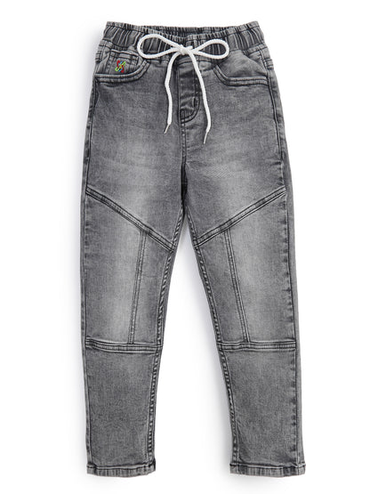 Knit N Knot Boys' Faded Grey Stretchable Cotton Denim Jogger with Drawstring & Elasticated Waist