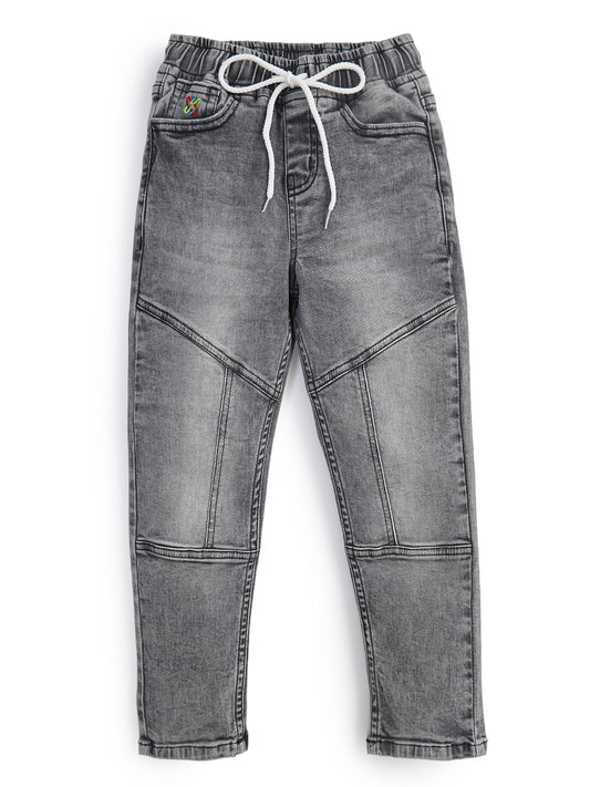 Knit N Knot Boys' Faded Grey Stretchable Cotton Denim Jogger with Drawstring & Elasticated Waist