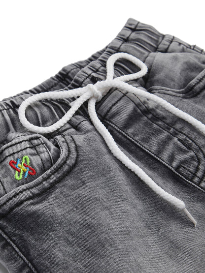 Knit N Knot Boys' Faded Grey Stretchable Cotton Denim Jogger with Drawstring & Elasticated Waist