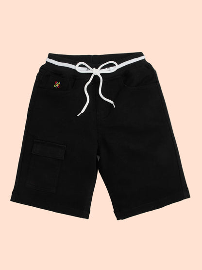 Knit N Knot Boys Jet Black Stretch Denim Cargo Shorts, Summer Cotton Casuals Wear, Elastic Rib with Drawstring, Utility Pocket, Kids Comfortable Fashion Wear