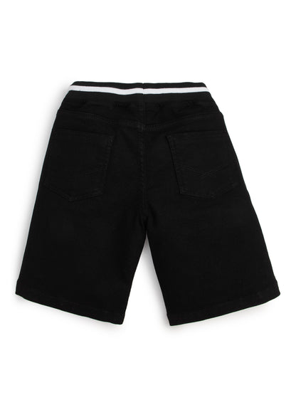 Knit N Knot Boys Jet Black Stretch Denim Cargo Shorts, Summer Cotton Casuals Wear, Elastic Rib with Drawstring, Utility Pocket, Kids Comfortable Fashion Wear