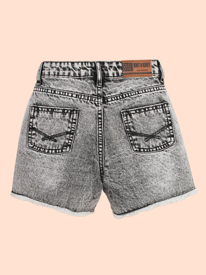 Knit N Knot Girls’ Grey Cloud Washed Distressed Cotton Denim Jeans Shorts – Adjustable Elastic Waist, Frayed Hem, Casual Wear for Kids
