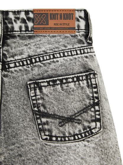 Knit N Knot Girls’ Grey Cloud Washed Distressed Cotton Denim Jeans Shorts – Adjustable Elastic Waist, Frayed Hem, Casual Wear for Kids