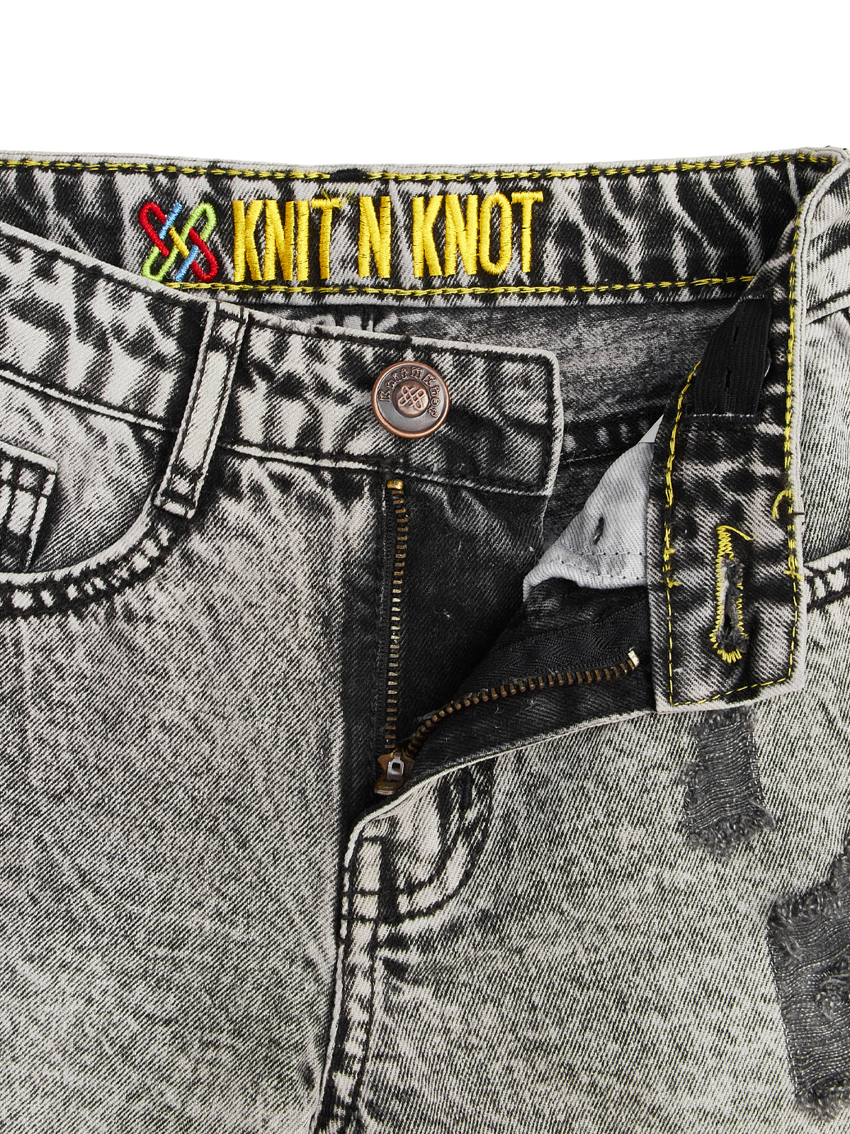 Knit N Knot Girls’ Grey Cloud Washed Distressed Cotton Denim Jeans Shorts – Adjustable Elastic Waist, Frayed Hem, Casual Wear for Kids