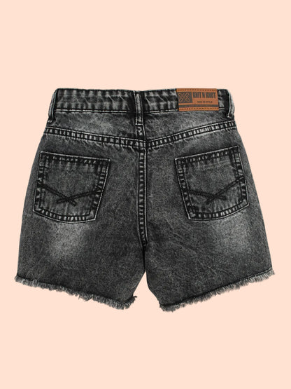 Knit N Knot Girls Black Cloud Washed Distressed Cotton Denim Jeans Shorts, Adjustable Elastic Waist, Casual Wear for Kids