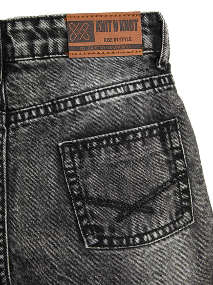 Knit N Knot Girls Black Cloud Washed Distressed Cotton Denim Jeans Shorts, Adjustable Elastic Waist, Casual Wear for Kids