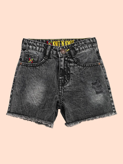 Knit N Knot Girls Black Cloud Washed Distressed Cotton Denim Jeans Shorts, Adjustable Elastic Waist, Casual Wear for Kids