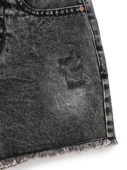 Knit N Knot Girls Black Cloud Washed Distressed Cotton Denim Jeans Shorts, Adjustable Elastic Waist, Casual Wear for Kids