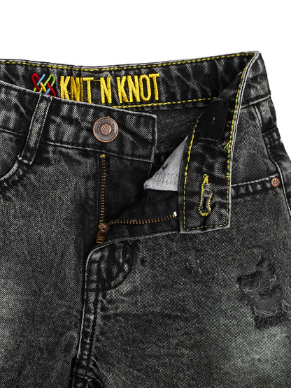 Knit N Knot Girls Black Cloud Washed Distressed Cotton Denim Jeans Shorts, Adjustable Elastic Waist, Casual Wear for Kids