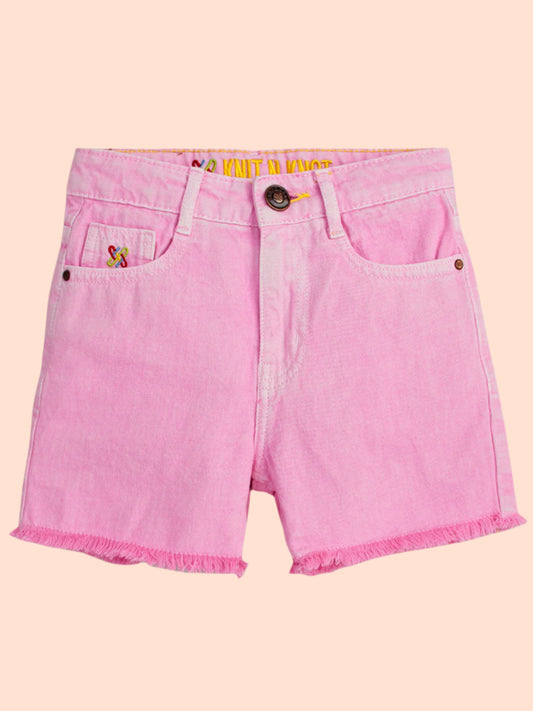 Knit N Knot Girls' Light Pink High Waist Denim Shorts with Frayed Bottom