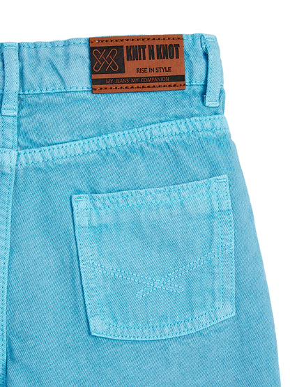 Knit N Knot Girls' Light Turquoise High Waist Denim Shorts with Frayed Bottom