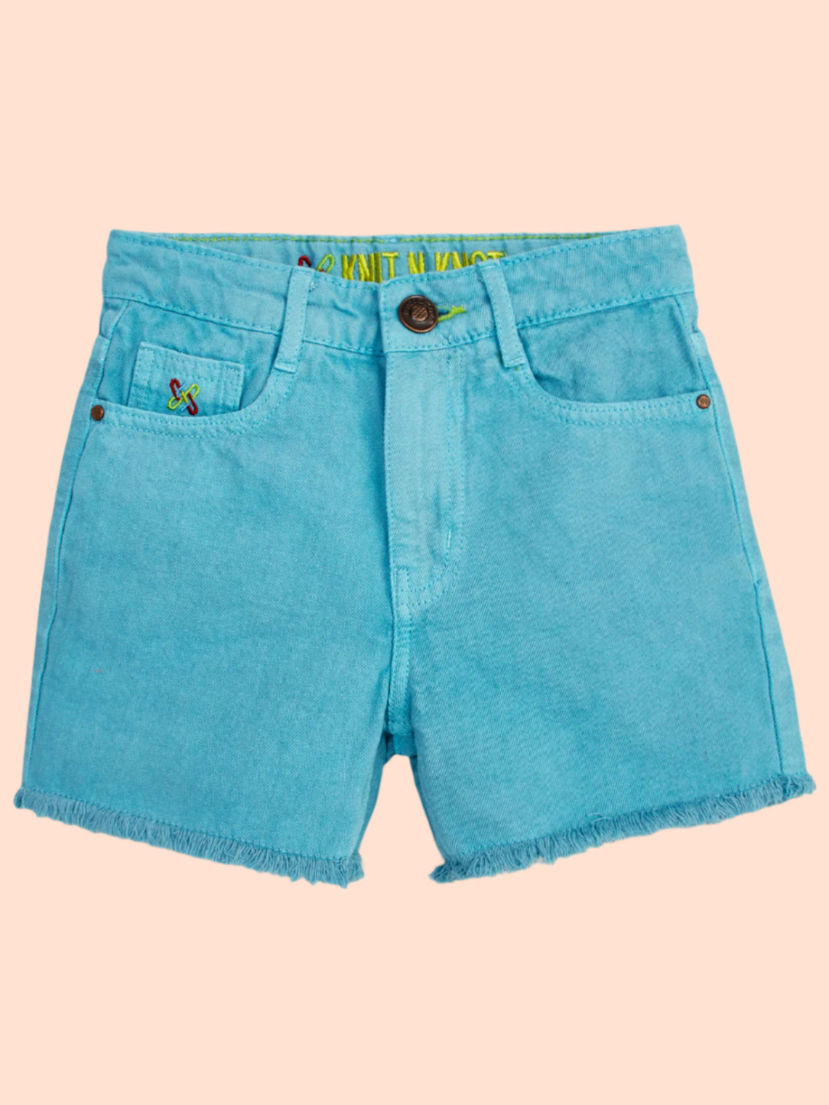 Knit N Knot Girls' Light Turquoise High Waist Denim Shorts with Frayed Bottom