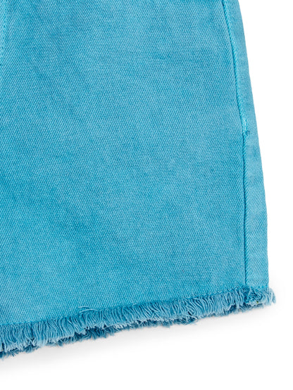 Knit N Knot Girls' Light Turquoise High Waist Denim Shorts with Frayed Bottom