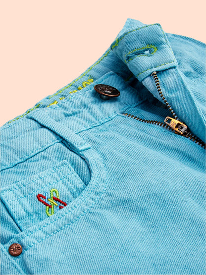 Knit N Knot Girls' Light Turquoise High Waist Denim Shorts with Frayed Bottom