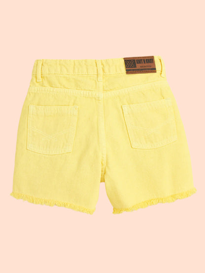 Knit N Knot Girls' Light Yellow High Waist Denim Shorts with Frayed Bottom