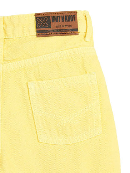 Knit N Knot Girls' Light Yellow High Waist Denim Shorts with Frayed Bottom