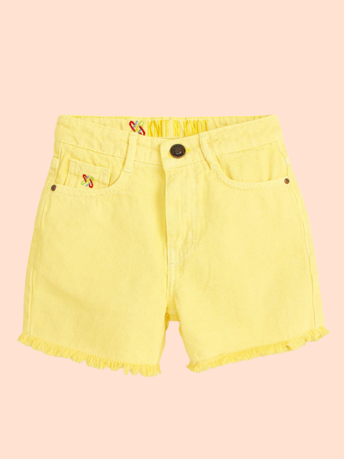 Knit N Knot Girls' Light Yellow High Waist Denim Shorts with Frayed Bottom
