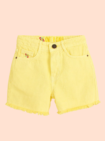 Knit N Knot Girls' Light Yellow High Waist Denim Shorts with Frayed Bottom