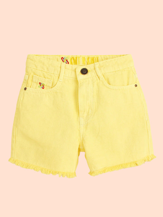 Knit N Knot Girls' Light Yellow High Waist Denim Shorts with Frayed Bottom