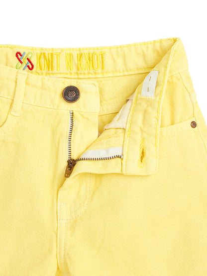 Knit N Knot Girls' Light Yellow High Waist Denim Shorts with Frayed Bottom