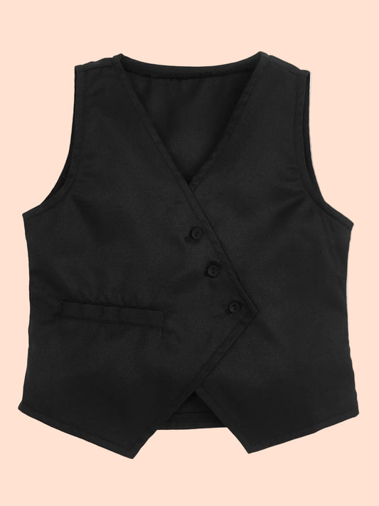 Knit N Knot Girls Black Solid Sleeveless Waistcoat | Premium Textured V-Neck Button Closure Casual, Party Vest Jacket Top| Stylish Formal Layering Jacket