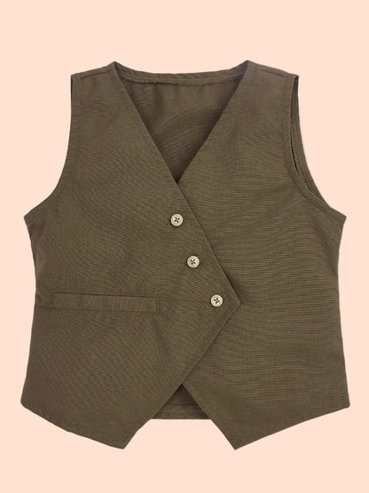 Knit N Knot Girls Khaki Solid Sleeveless Waistcoat | Premium Textured V-Neck Button Closure Casual, Party Vest Jacket Top| Stylish Formal Layering Jacket