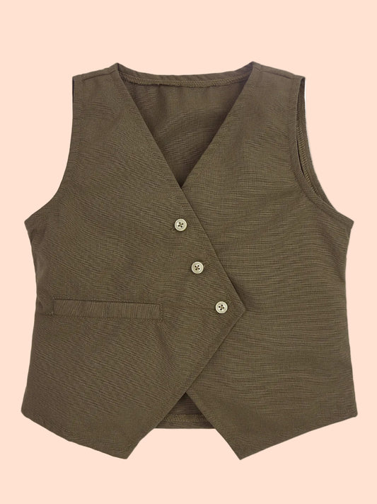 Knit N Knot Girls Khaki Solid Sleeveless Waistcoat | Premium Textured V-Neck Button Closure Casual, Party Vest Jacket Top| Stylish Formal Layering Jacket