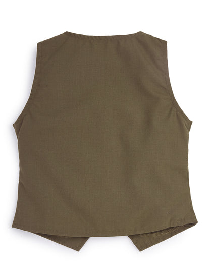 Knit N Knot Girls Khaki Solid Sleeveless Waistcoat | Premium Textured V-Neck Button Closure Casual, Party Vest Jacket Top| Stylish Formal Layering Jacket