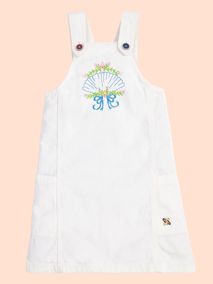 Knit N Knot Girls White Embroidered Denim Dungaree Dress | Adjustable Straps, Bib Pocket, Casual & Party | Soft Cotton-Rich Jeans Overall for Kids and Teenagers