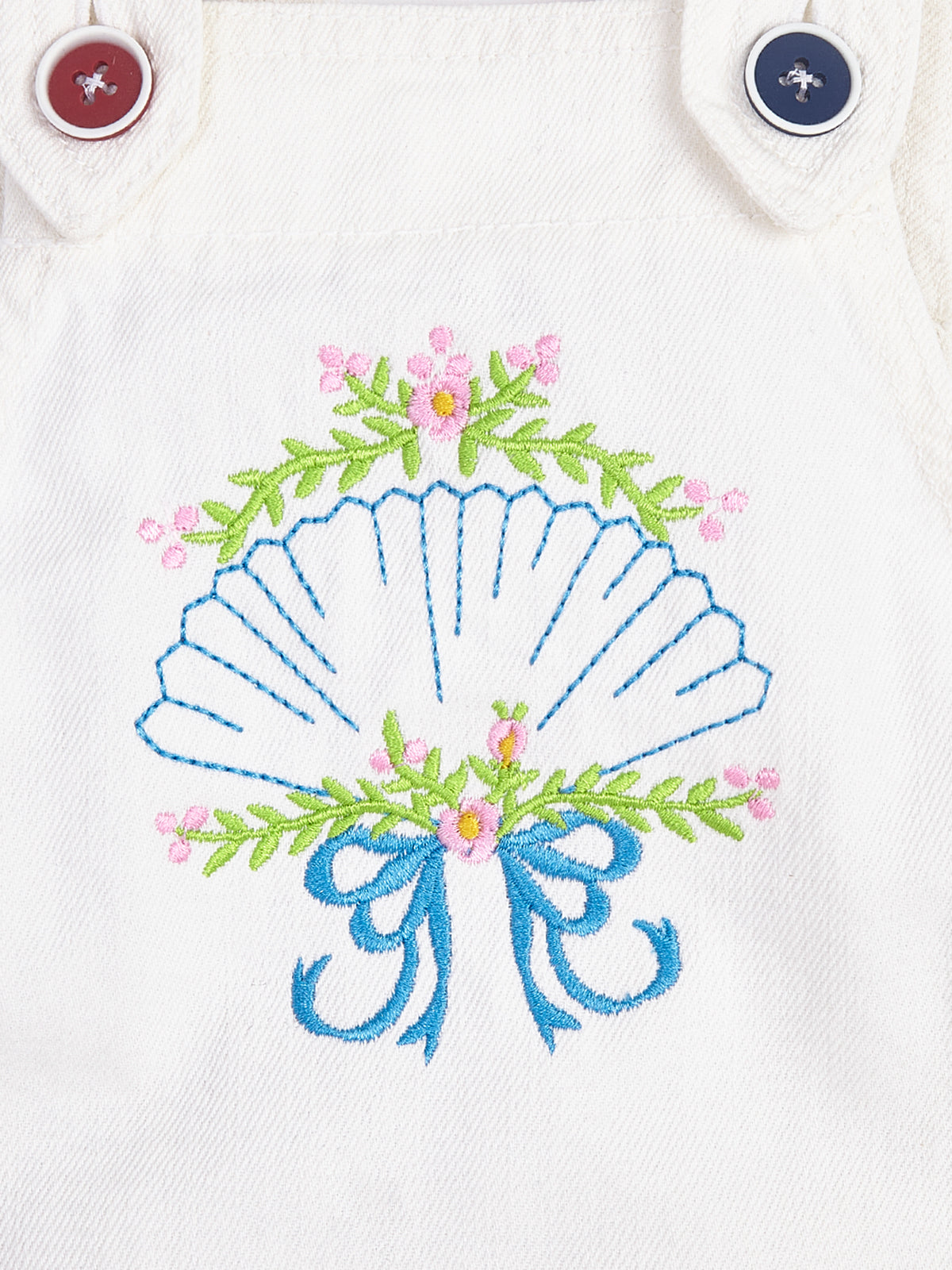 Knit N Knot Girls White Embroidered Denim Dungaree Dress | Adjustable Straps, Bib Pocket, Casual & Party | Soft Cotton-Rich Jeans Overall for Kids and Teenagers