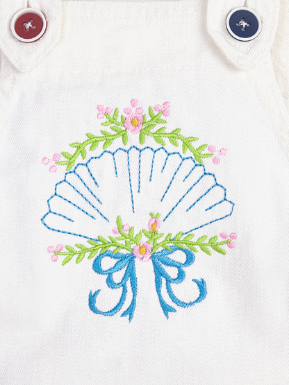 Knit N Knot Girls White Embroidered Denim Dungaree Dress | Adjustable Straps, Bib Pocket, Casual & Party | Soft Cotton-Rich Jeans Overall for Kids and Teenagers