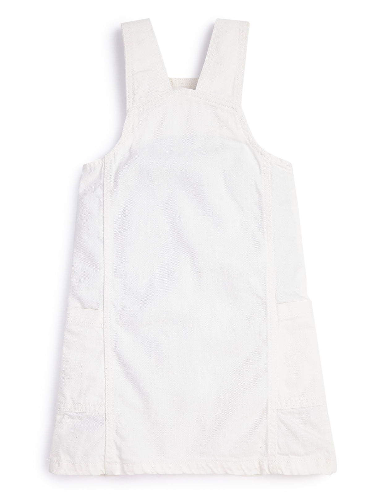 Knit N Knot Girls White Embroidered Denim Dungaree Dress | Adjustable Straps, Bib Pocket, Casual & Party | Soft Cotton-Rich Jeans Overall for Kids and Teenagers