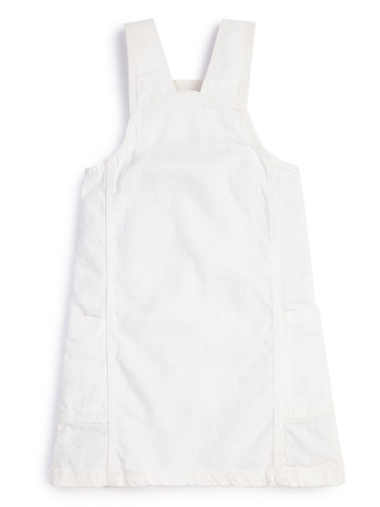Knit N Knot Girls White Embroidered Denim Dungaree Dress | Adjustable Straps, Bib Pocket, Casual & Party | Soft Cotton-Rich Jeans Overall for Kids and Teenagers