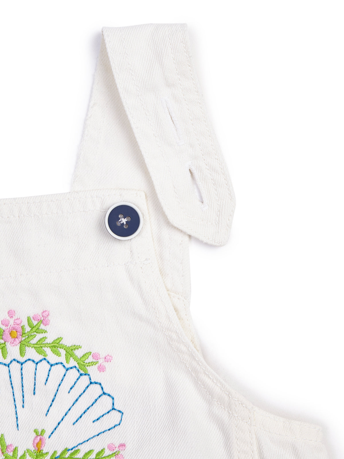 Knit N Knot Girls White Embroidered Denim Dungaree Dress | Adjustable Straps, Bib Pocket, Casual & Party | Soft Cotton-Rich Jeans Overall for Kids and Teenagers